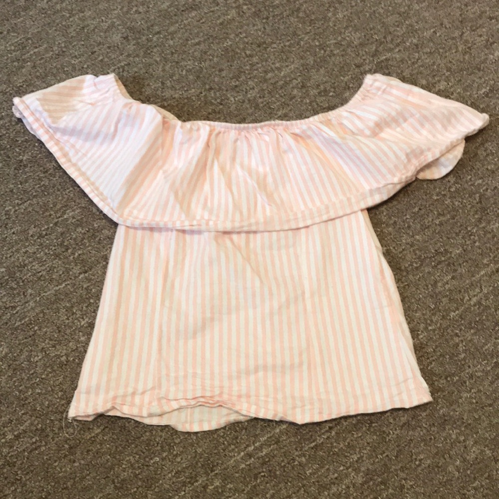 Pink and white striped off the shoulder blouse